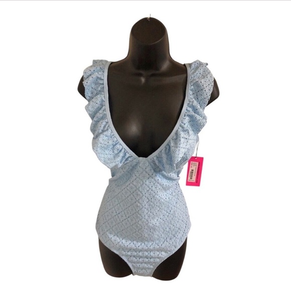 Betsey Johnson Clear sky blue 1piece Ruffle strap eyelet Swimsuit‎ size medium - Picture 5 of 16